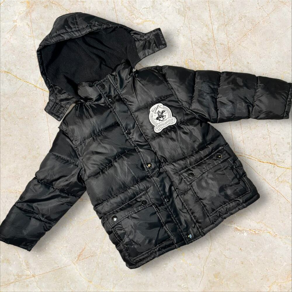 Vintage Polo Club Youth Size 5/6 Black Puffer Jacket Hooded Warm Winter Coat B02
